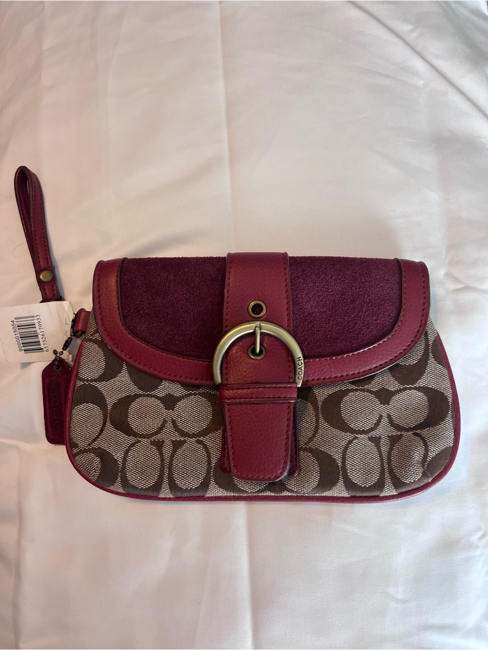 Coach Brown Signature Canvas Wristlet with Burgundy Trim